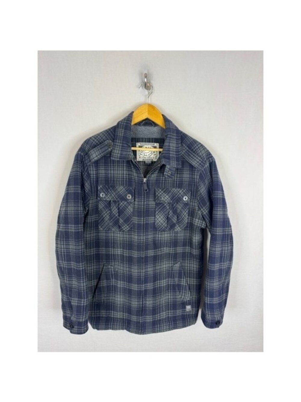 Fox Riders Co Mens Blue Grey Plaid Sherpa Lined Zip Flannel Jacket Men L Shacket